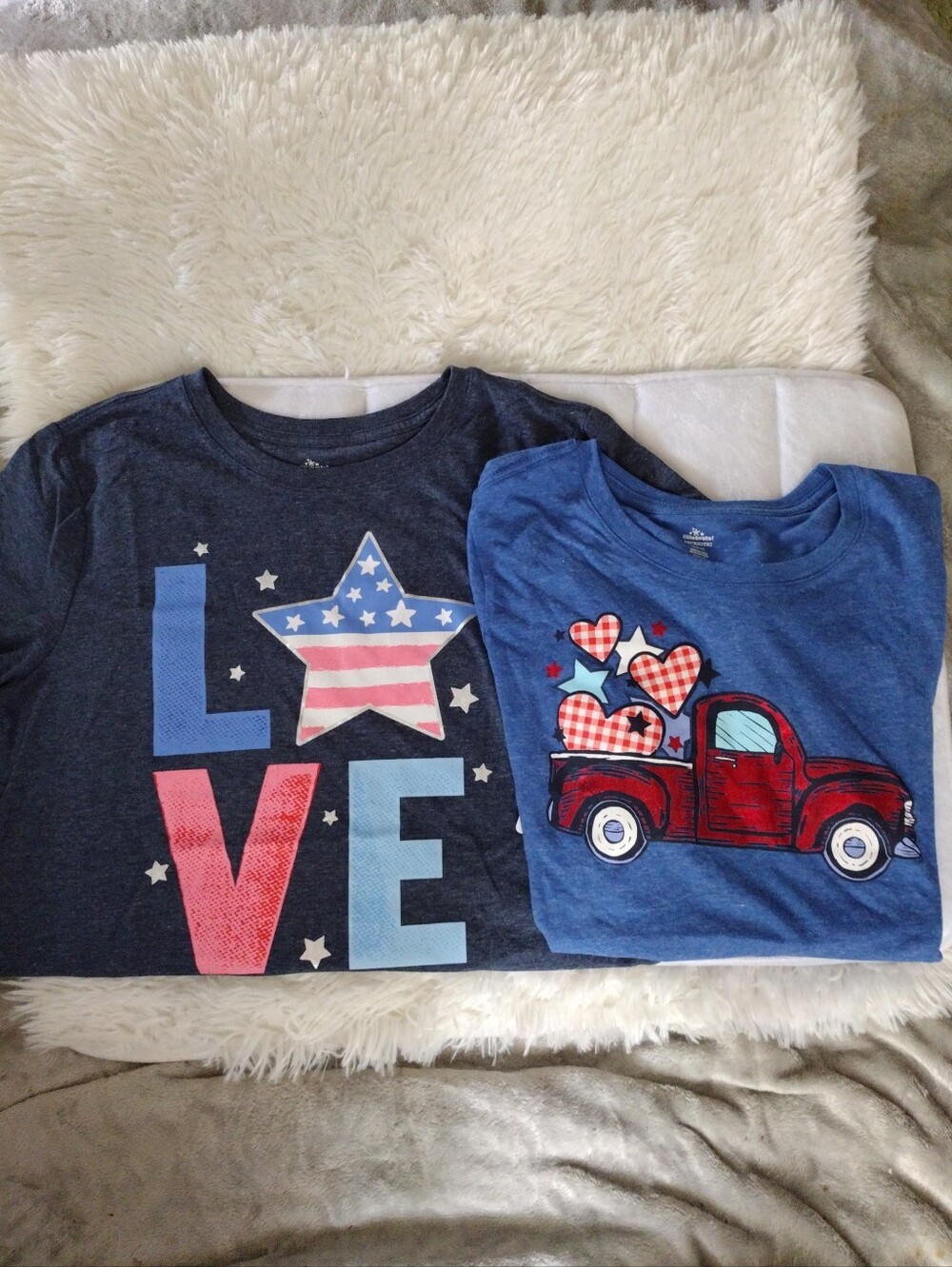 Patriotic 'LOVE' Graphic Tee & Red Truck Hearts Tee - Blue Set Of Two Woman's
